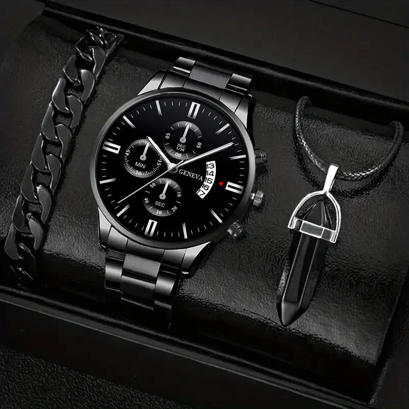 

3 шт./комплект, мужские модные кварцевые часы с календарем, спортивные мужские наручные часы из нержавеющей стали с круглым циферблатом, а также мужской браслет и мужское ожерелье