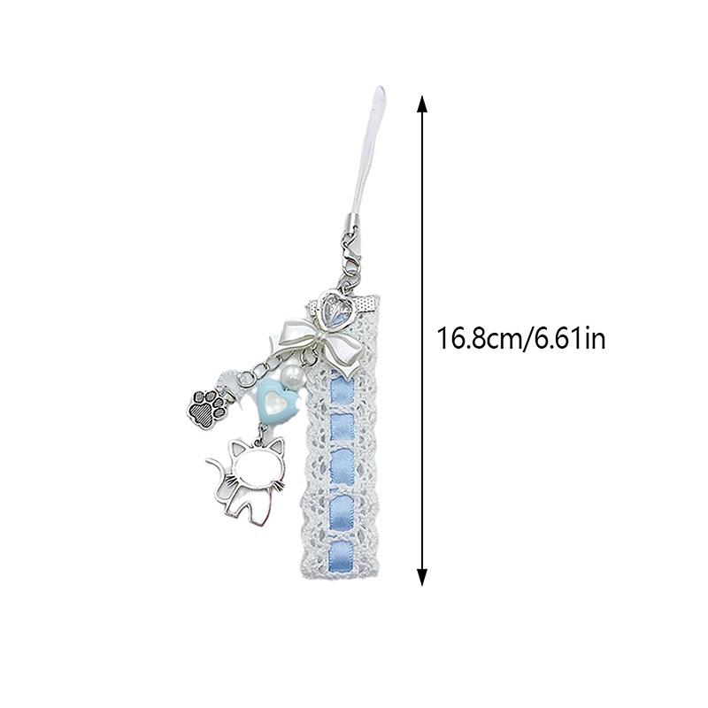 Sweet Lovely Lace Ribbon Cat Heart Pendant Keychain Phone Charm Lanyard Bag Decoration For Women Portable Hangings Lanyard Gifts