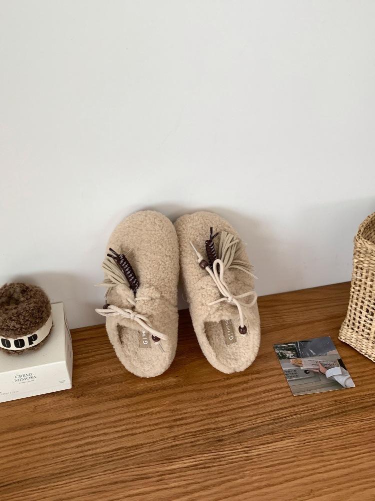 Huge Good-looking Baotou Fluffy Half Slippers Women's Inner Height Increases by 25 Autumn and Winter New Plush Warm Fringed Women's Shoes