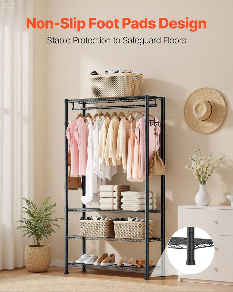 Clothing Garment Rack, Heavy Duty Clothing Garment Rack, 4 Adjustable Tiers Clothing Racks with Carbon Steel, 227 kg Load Capacity Closet Wardrobe for