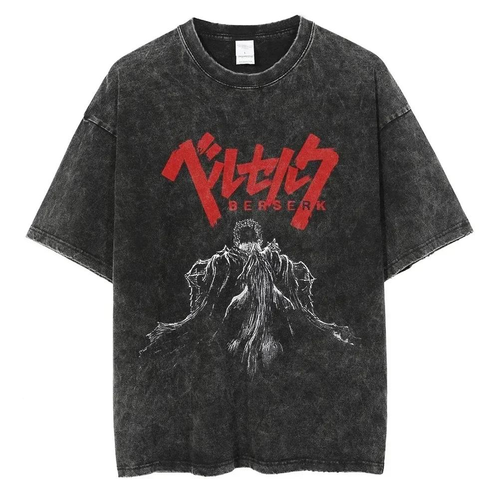 Men Harajuku Black Washed T-Shirt Hip Hop Streetwear Japan Anime Graphic Cotton Casual Oversized Summer Short Sleeve Tops T Shirt