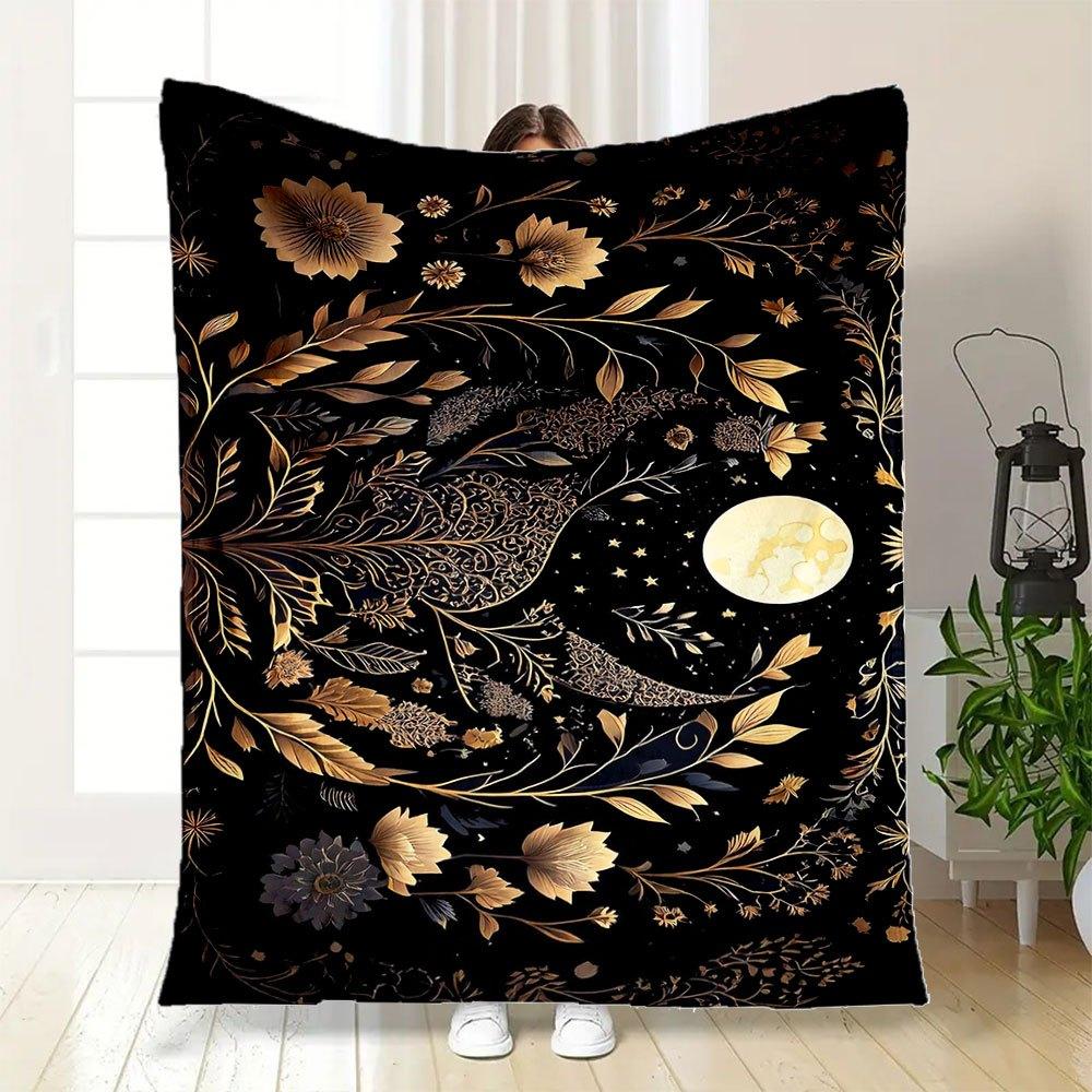 Golden Floral Night Sky Wall Art PrintBlanket Flannel Throw Blanket for Sofa, Bed, Travel, Camping, Office, Couch, Chair, And Bed Gift for C