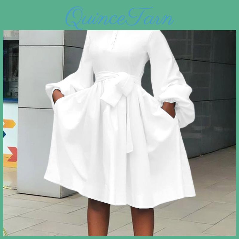 Fashion Vonda Women Size Plus Solid Color Stand Collar Pocket Long Sleeve Dresses