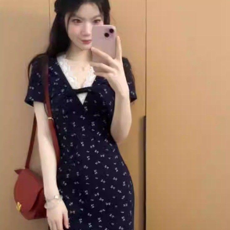 Elegant French V-Neck Floral Mid-Length Dress 2026 - Women s Summer Slimming Waist-Cinching Korean Style Small темно-синий