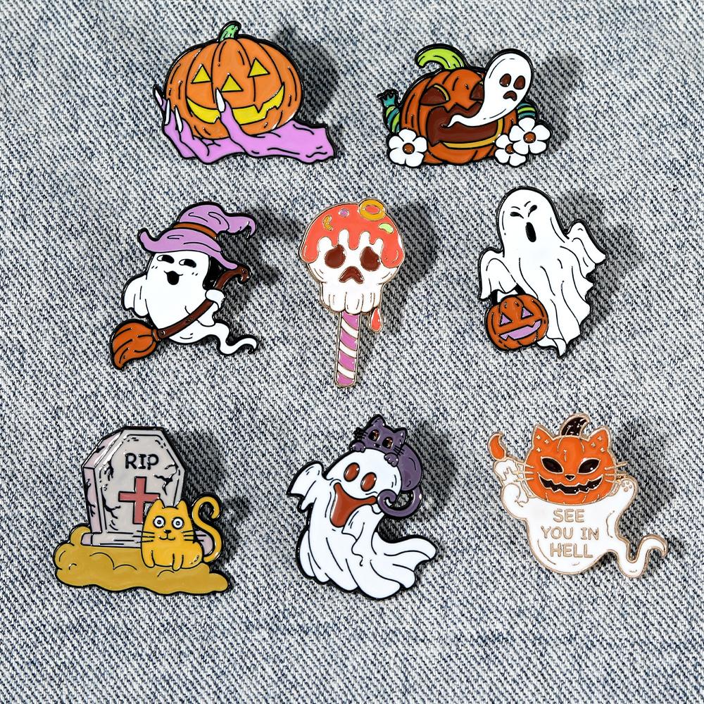 Funny Halloween Badge Creative Pumpkin and Ghost Brooches Horrible Skull Lollipop See You In Hell Spooky Enamel Pins