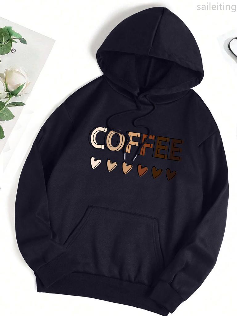 Love Coffee Funny Letter Graphic Printing Hoody Woman Fashion Sweatshirt Casual Kangaroo Pocket Hooded Autumn Clothing