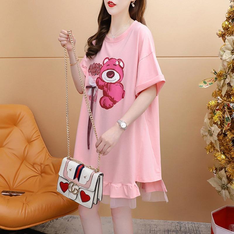 Summer O Neck Loose Casual Printing Mesh Patchwork T-shirt Dress Women Short Sleeve Pullover Tee Robe Top