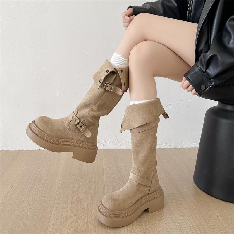 Vintage Brown Maillard Style Platform Boots Women's Boots 2025 New Autumn Height-increasing and Thin Knight Boots