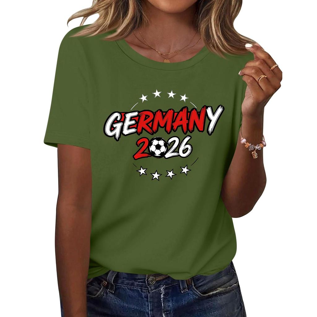 Womens Crew Neck Short Sleeve Pullover T Shirt with Letter Print Germany 2026 Graphic Casual Loose Fit Top for Supporters