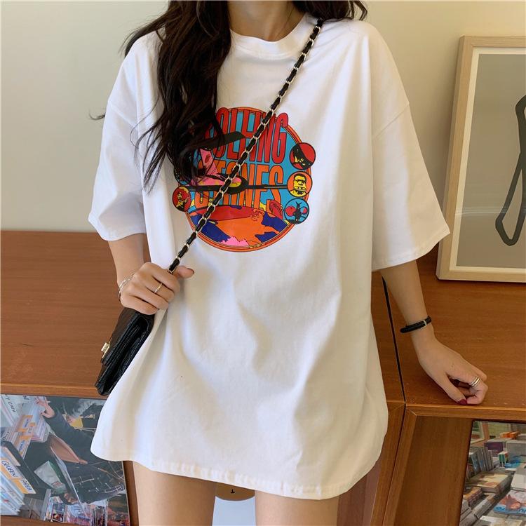 Cartoon Printed Summer Clothing Korean Women's New Mid-length Short-sleeved T-shirt for Women Loose Student Couples Clothes