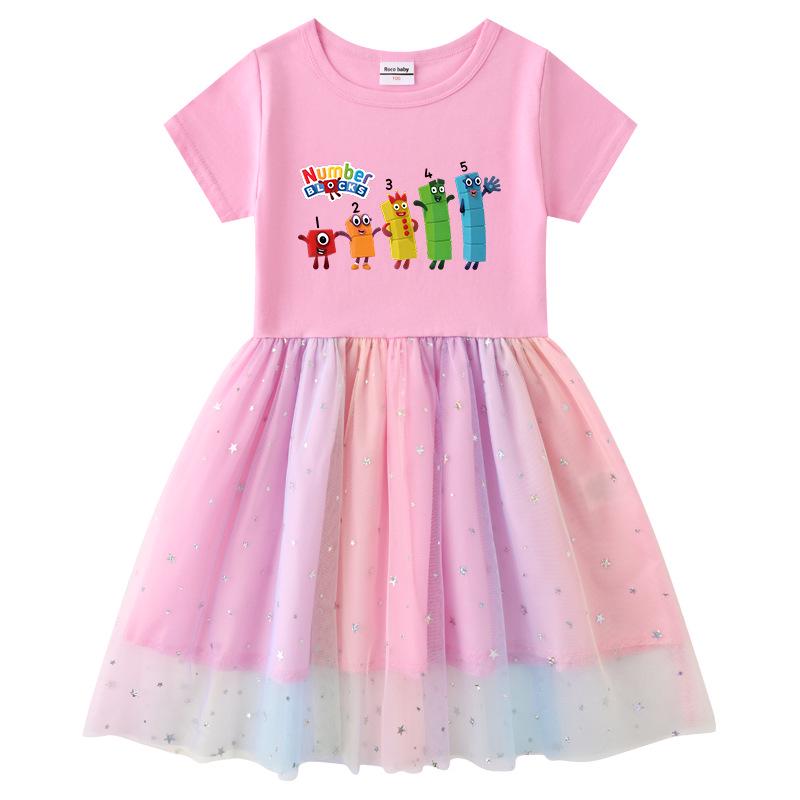Kinderkleid im koreanischen Stil: Kurzarm Sommer oder Langarm Frühling/Herbst, Sterne Regenbogen Pailletten, Netz Falten Prinzessinnen Design.