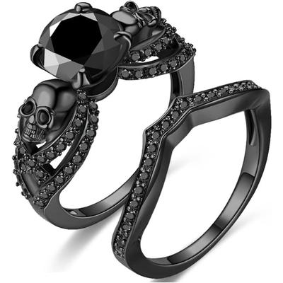 2PCS Gothic Black Skull Rings Red Purple Crystal Ring  for Women Gifts