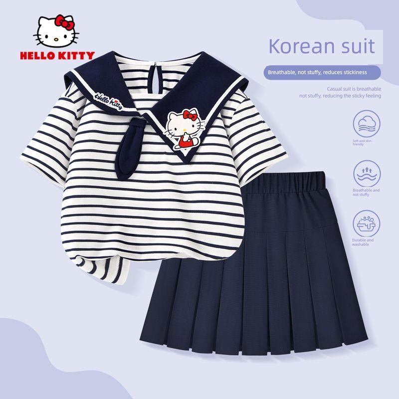 Hellokitty Girls Summer Suit 2025 New Navy Uniform Summer Kidsren s Clothes Girls Summer Sailor Suit Solid Ultramarine Blue + Solid Navy Blue 110