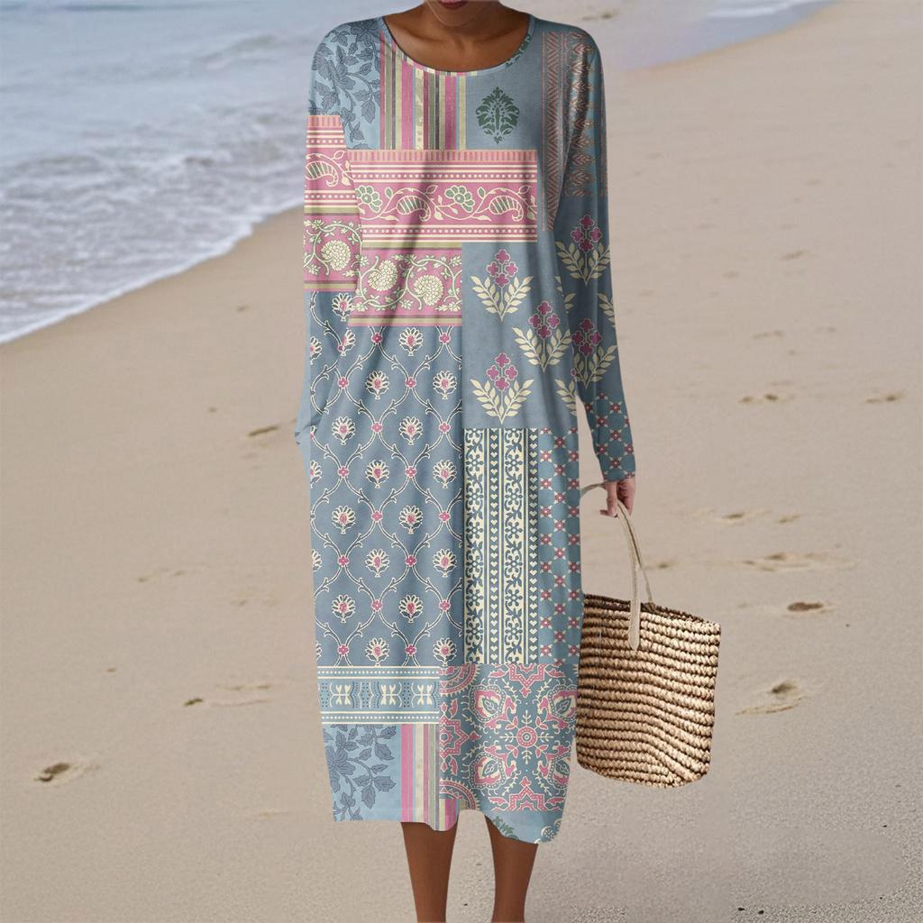 Women's Fashion Casual Retro Print Round Neck Pocket Elegant Temperament Dress
