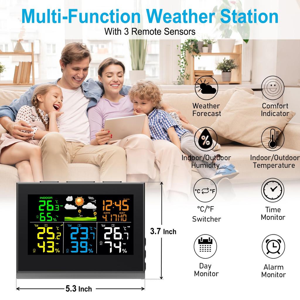 Digital Color Weather Station Clock with 3 Wireless Outdoor Sensor Indoor/Outdoor Temperature Humidity Monitor Weather Forecast