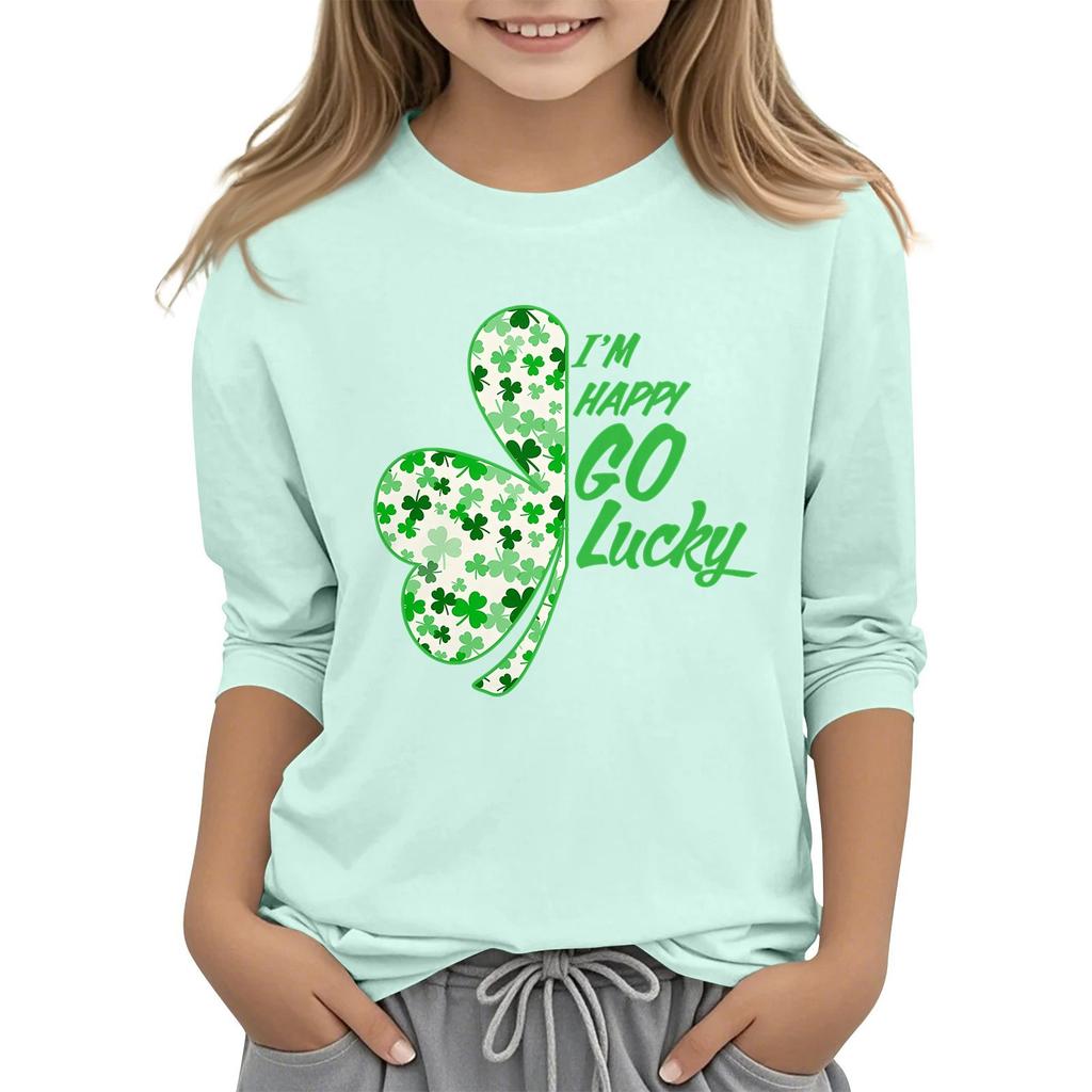 Dziecięcy T-shirt Casual z Nadrukiem na Kołnierzyku na Dzień Świętego Patryka z Rękawem 7/8