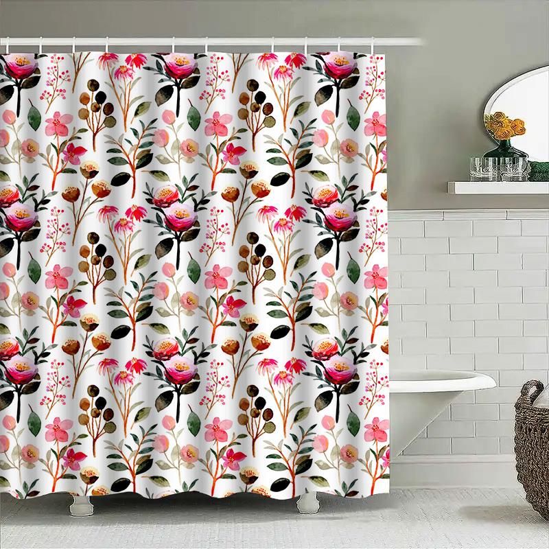 Floral Shower Curtain Pink Blossoms Greenery Bath Decor Waterproof Fabric 180X275Cm Home Accessories