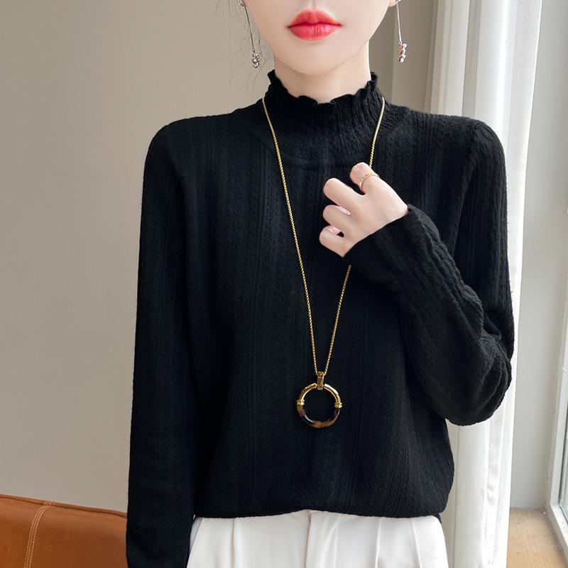 Spring Wool Women's Knitwear High Neck Fashion Pullover Top Bottom Sweater