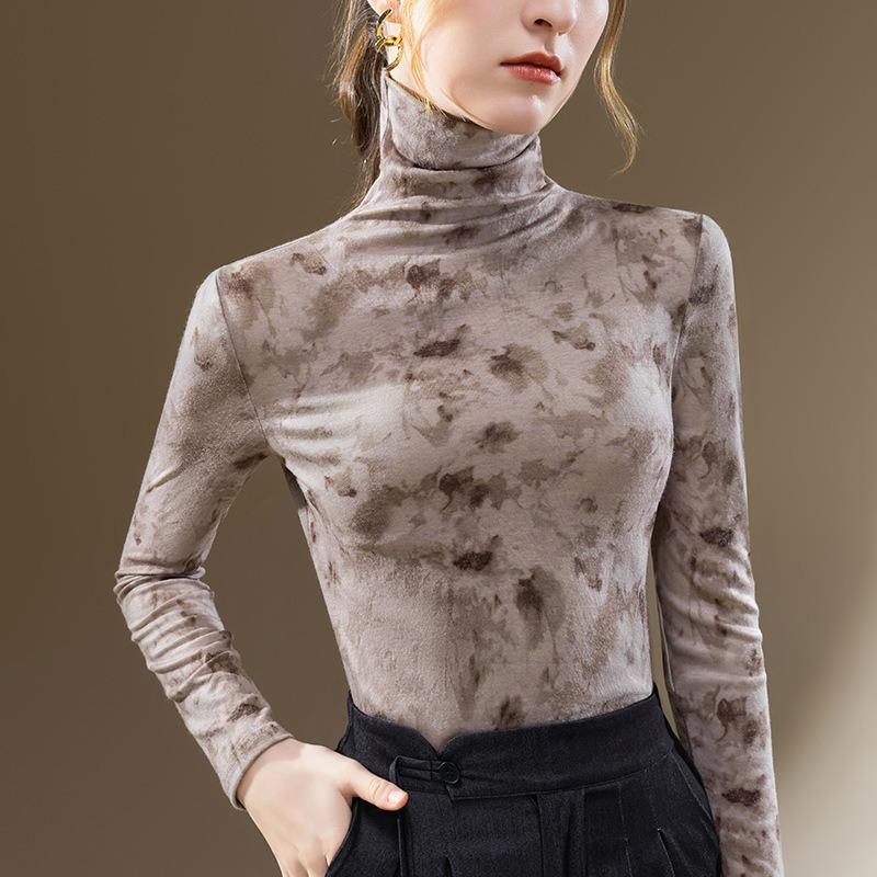 

Turtleneck bottoming shirt women s new women s clothing printed long-sleeved polished t-shirt waist top S світло-коричневого кольору