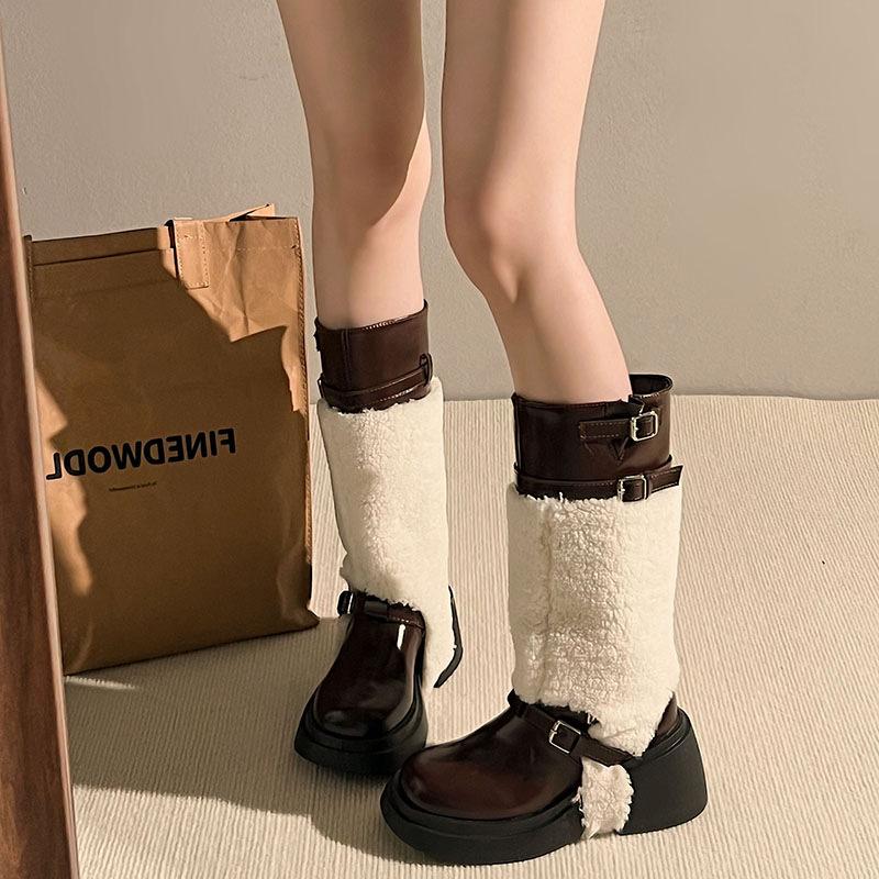 

2024 autumn new square heel belt buckle splicing velvet belt buckle knight boots women s sleeve can be worn in autumn and winter 35 темно-коричневого