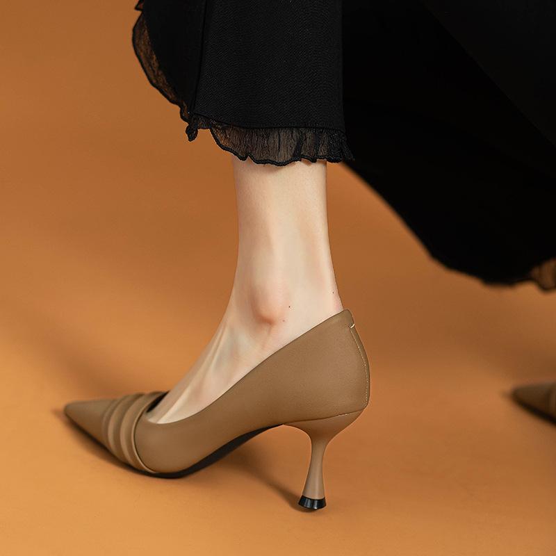 Designer Shoes Pumps Women High Heels Ruffles Boat Shoes Pointed Toe Stilettos  Office Lady Shoe Black Spring Autumn