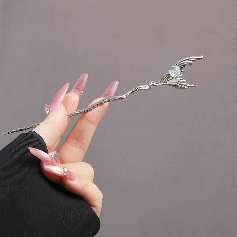 New Chinese Style Moonstone Women's Alloy Hairpin with Ancient Style Butterfly Tail Liquid Metal Advanced Fashion Headwear
