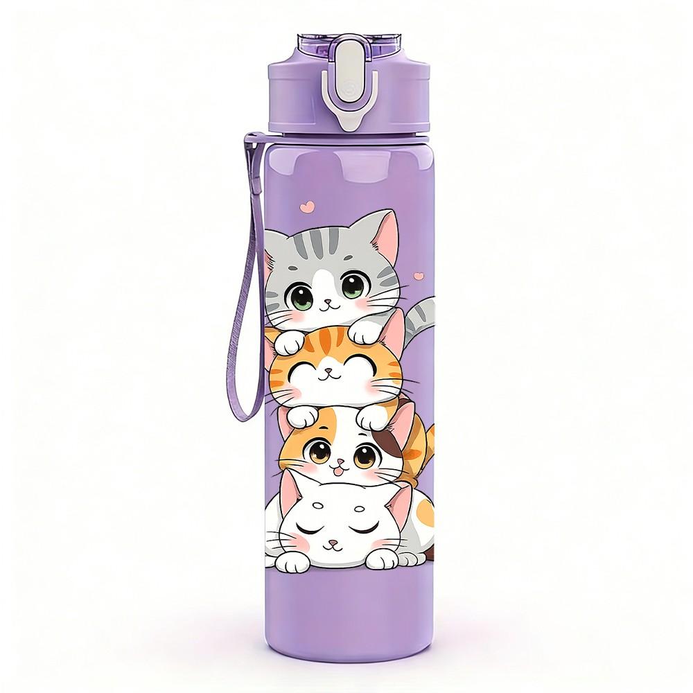 1PC Stacked Cute Kitten Cat Print 750ml Color Plastic Sports Water Bottle Leakproof Flip Straw Lid Suitable for Sports Office Home Use