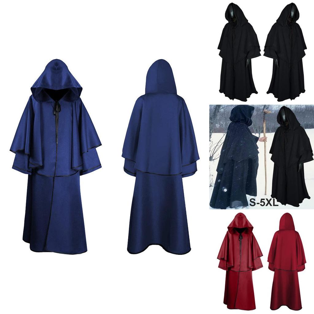 Medieval Wizard Hooded Robe Cloak With Polyester Material For Halloween Adult Role Playing