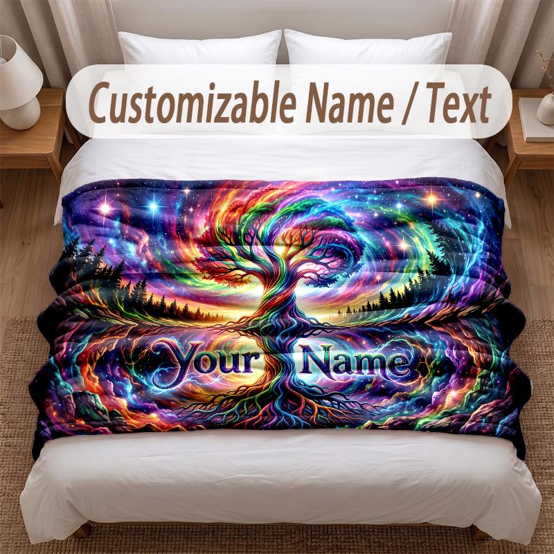 Tree of Life Theme Soft Blanket Personalized Custom Name Text Print Warm Blanket Home Sofa Bedroom Decor