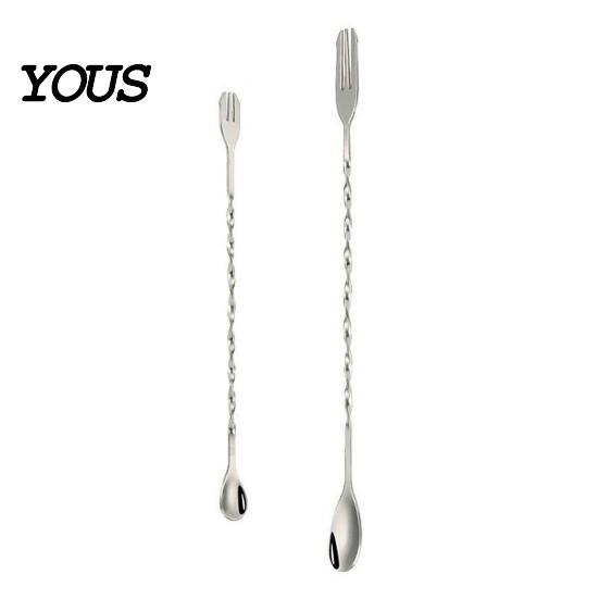Long Handle Mixing Spoon Dual Head Bar Spoon, Cocktail Stirrers with Handle, Spiral Anti Slip Stainless Steel Drink Trident Tip for Coffee Drinks Tool