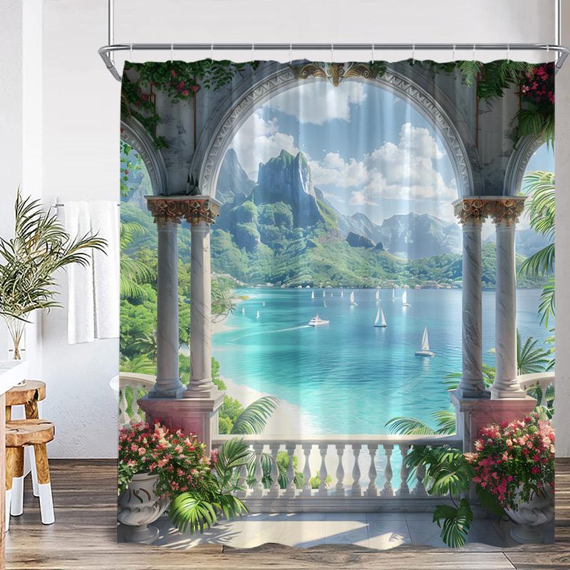 Seaside Town Shower Curtain Blue Ocean Floral Mountain Italian Architectural Scenery Bath Curtains Polyester Home Bathroom Decor