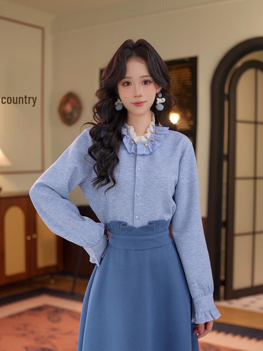 DaYuanSAD Chao Yin Double Layer Lace Collar Women s Long Sleeve Top #S15063 S