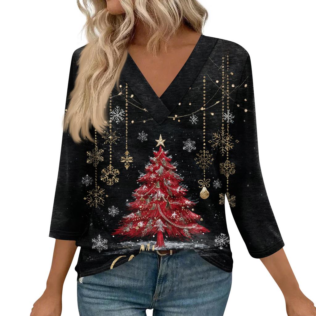 Women's Loose Comfortable Casual Fashion V-Neck Christmas Print 3/4 Sleeve Top