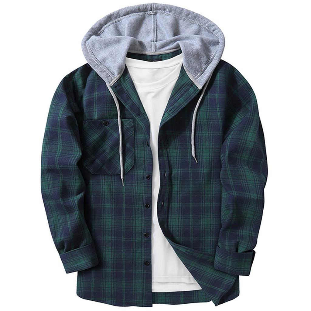 Plaid Pattern Men's Long Sleeve Hooded Shirt Jacket With Chest Pocket, Men's Casual Fall And Winter Coat