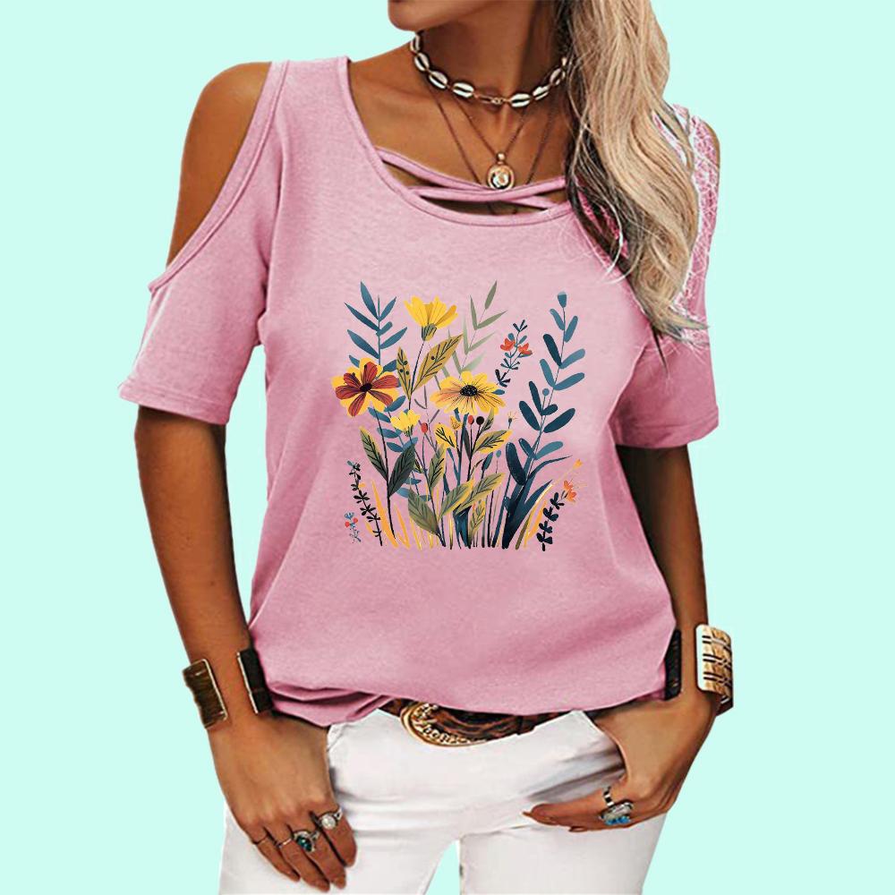 Tricou de damă cu umerii goi, la modă, cu gât rotund, top cu imprimeu floral, tricou casual de damă cu mânecă scurtă