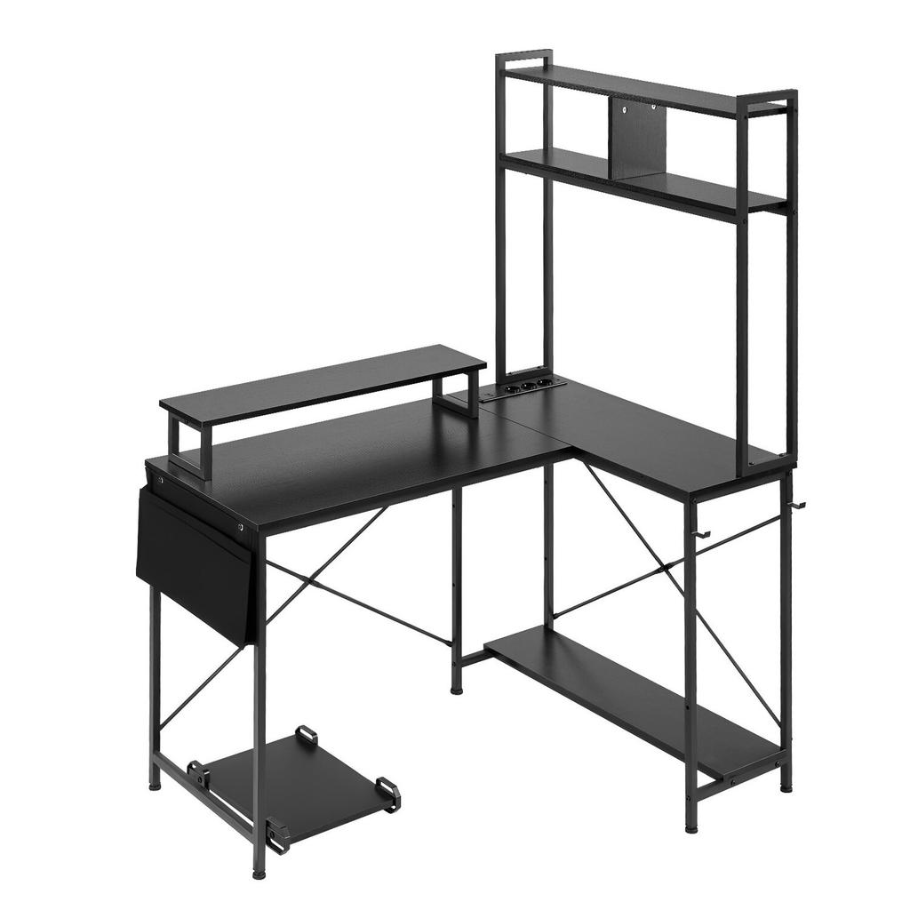 L-Shaped Gaming Desk with LED Lights, 1.2m Reversible Corner Computer Desk with Monitor Stand, Power Outlets, Movable CPU Stand & Shelf, Modern