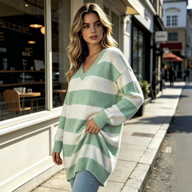 Womens V-Neck Knit Sweater Striped Loose Fit Long Sleeve Casual Streetwear Top Winter