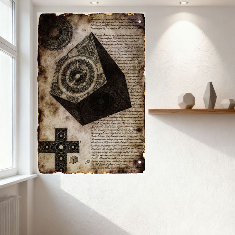 Vintage Alchemy Polyhedron Tin Sign - Esoteric Dodecahedron Wall Plaque for Man Cave, Bar, Study Decor