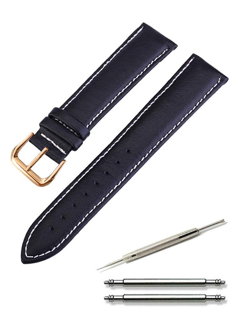 Calme Genuine Smooth Leather Watch Band Replacement 12mm To Includes Replacement Instructions Black White Stitching and Rose Gold Strap, 24mm, (18mm,