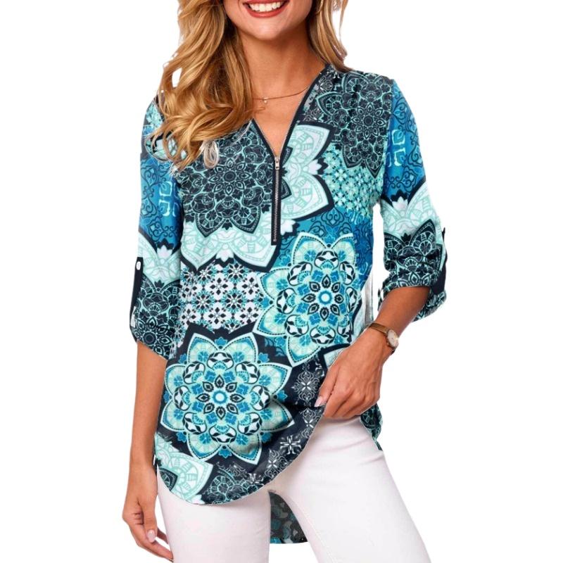 IHUASU V-neck Zip Plus Size Women's Long Sleeve Pull Up Sleeve Loose Shirt