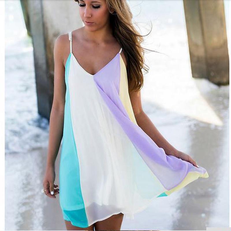 Premium Quality Women Summer Casual Dress Colorful Mini Chiffon Spaghetti Strap
