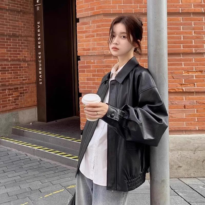 2024 Autumn/Winter Women's Coffee Brown Retro Slimming Leather Motorcycle Jacket