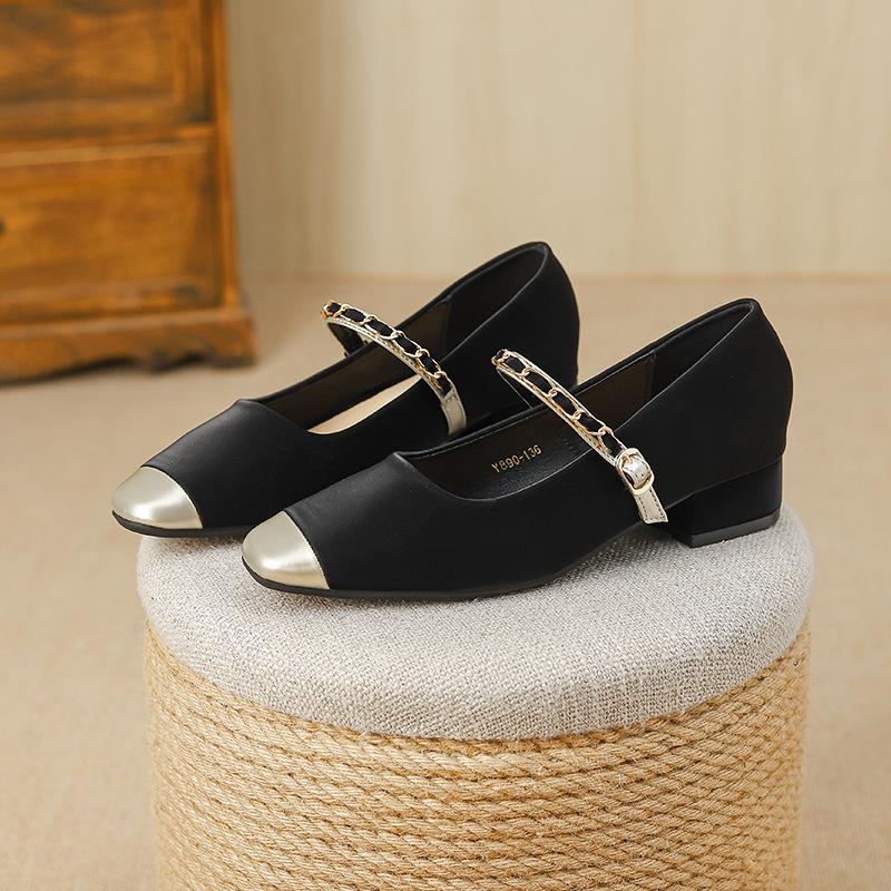 

Женские туфли Мэри Джейн 2025 Осень Новые Ремешок с пряжкой Металлическая отделка Высокий каблук Удобные Нескользящие Роскошные вечерние туфли 40 чёрный