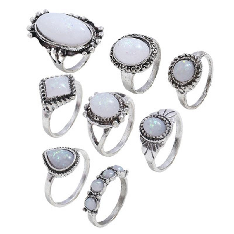 Europe and America Accessories New Jewelry Popular Retro Eight Piece Gem Gem Rings Wholesale