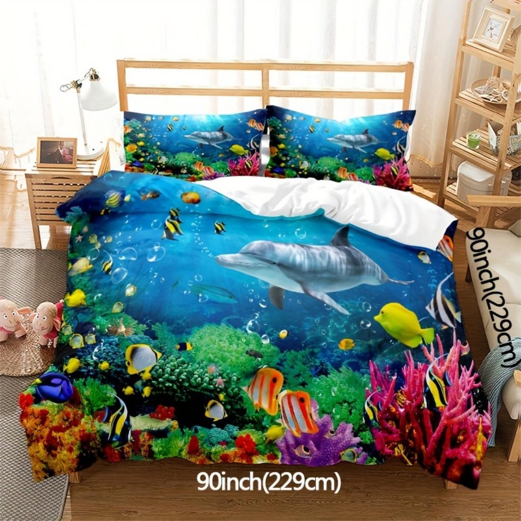 3pcs Blue Underwater World Dolphin 3D Printed Bedding Set Cozy Duvet Cover King Queen Twin Size Birthday Gift Bedroom Decoration