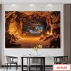 2D Primitive Cave Interior Tapestry Ancient Campfire & Lantern Background Cloth