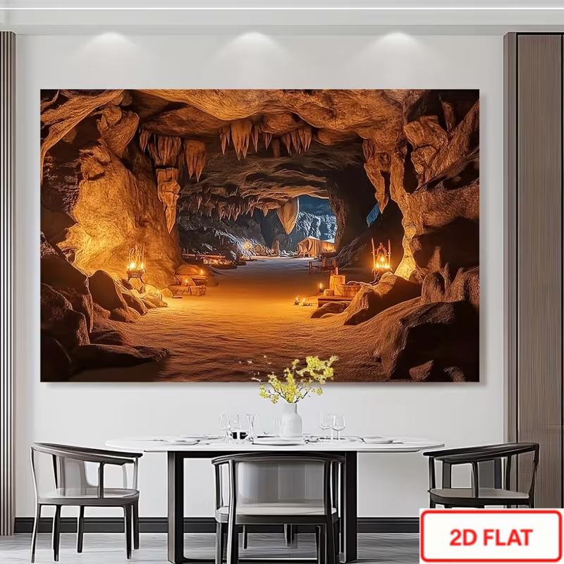 2D Primitive Cave Interior Tapestry Ancient Campfire & Lantern Background Cloth