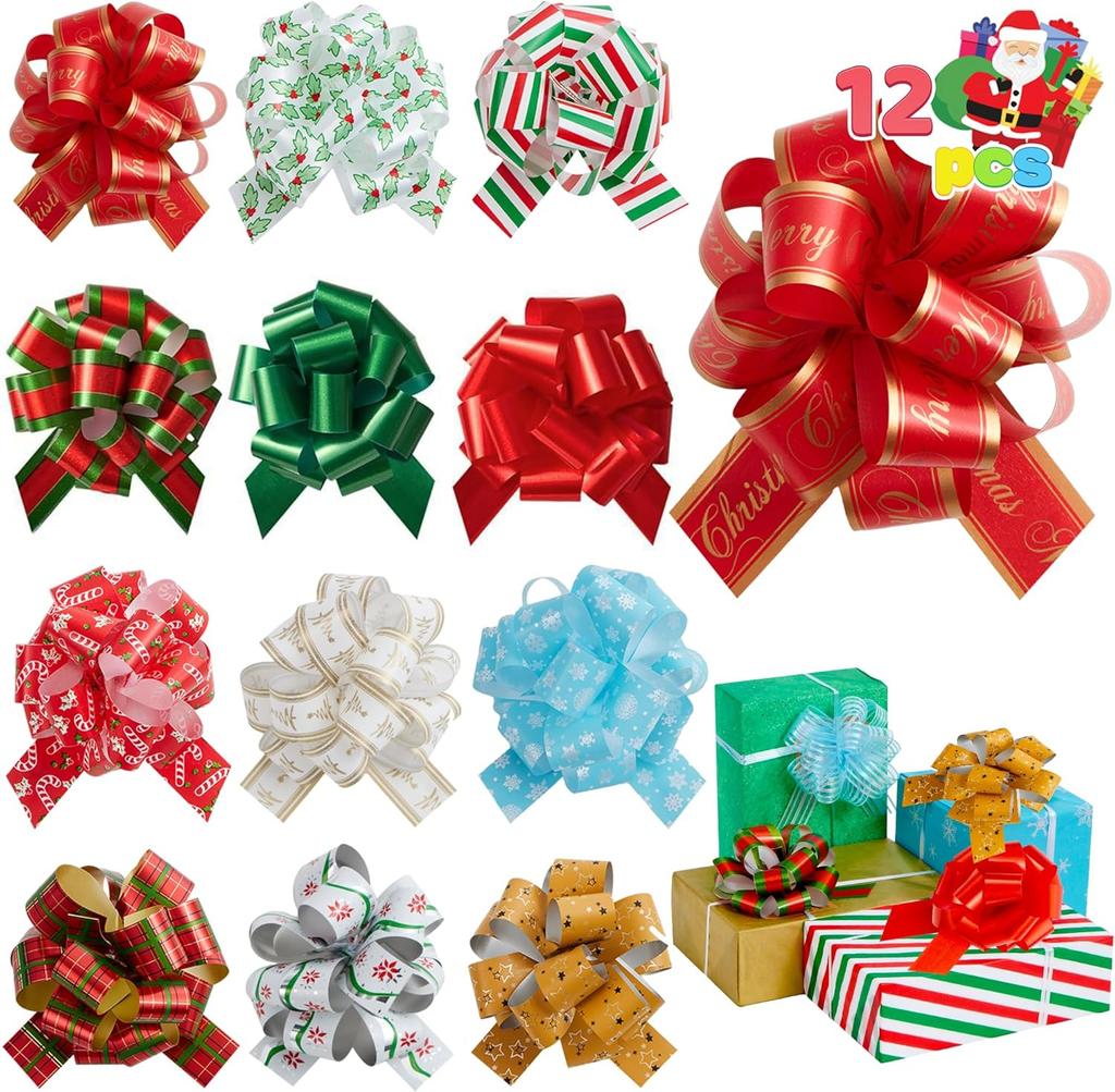 JOYFY 12 PCS Large Christmas Pull Bows with Ribbon for Gift Wrapping and Tag Christmas Tree Wine Bottles Boxing Day Decorations