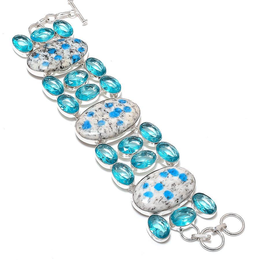 Natural K2 Blue Azurite, Topaz Gemstone 925 Sterling Silver Bracelet 7-8" l6c00