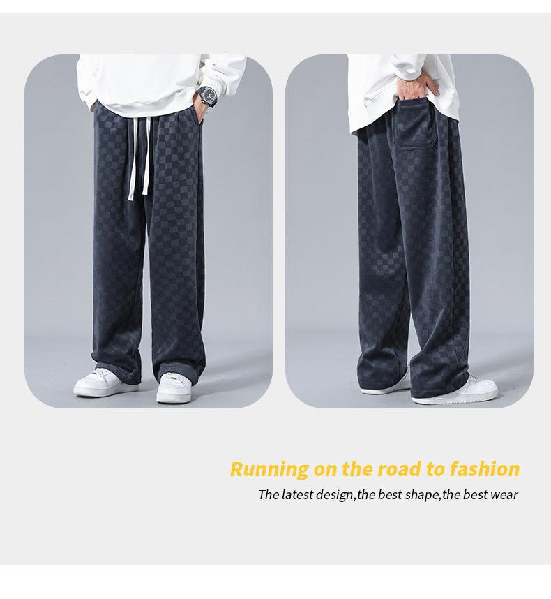 Men's Checkerboard Corduroy Wide-Leg Pants - Casual, Loose Straight Fit for Spring and Summer